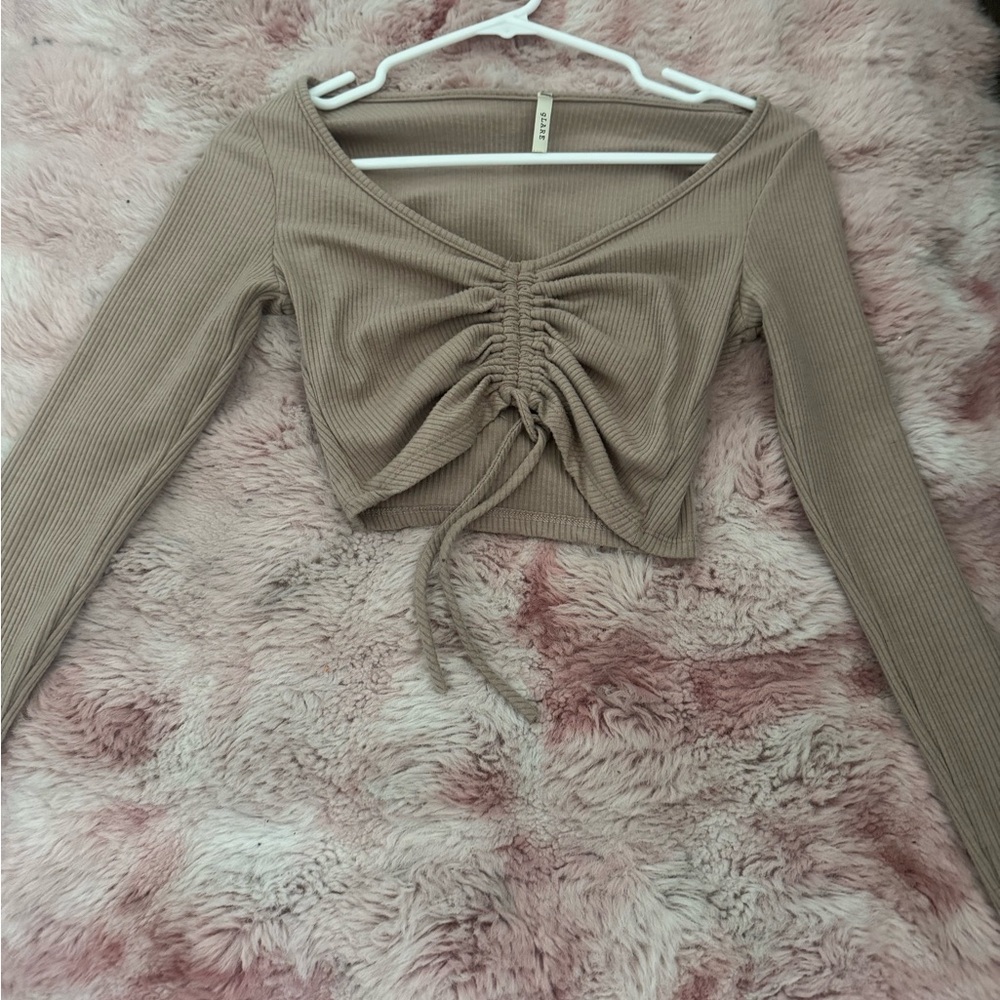 Tan Crop Blouse with Ruched Tie Front and Long Sleeves